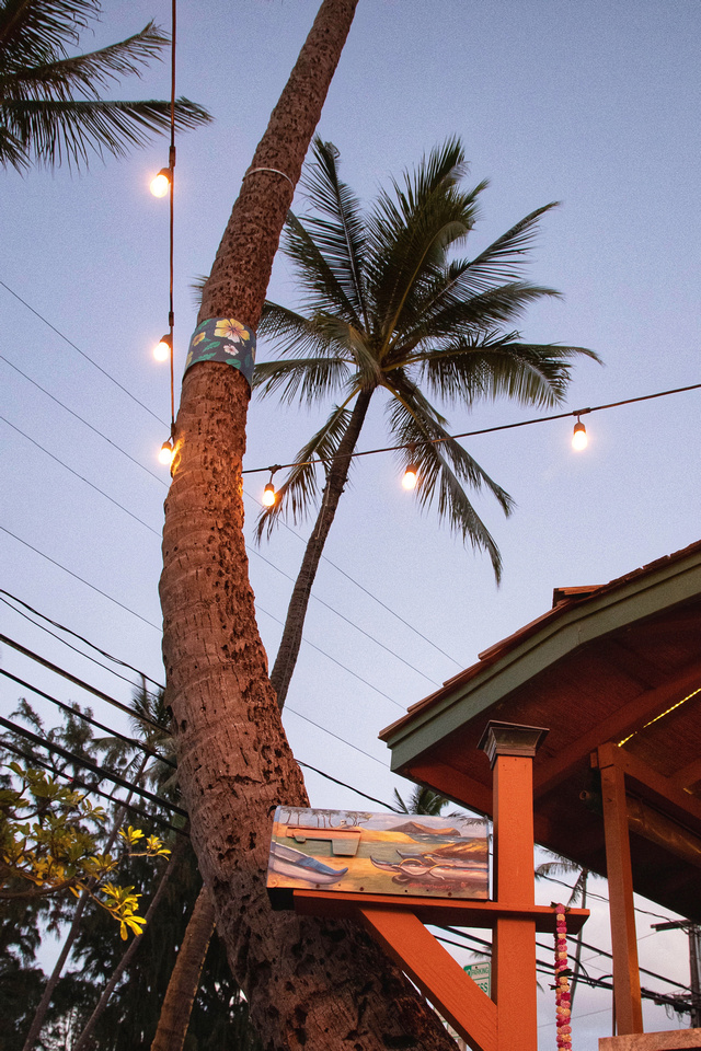 Waiting Outside at Buzz's Steakhouse in Kailua under the palm trees and twinkle lights